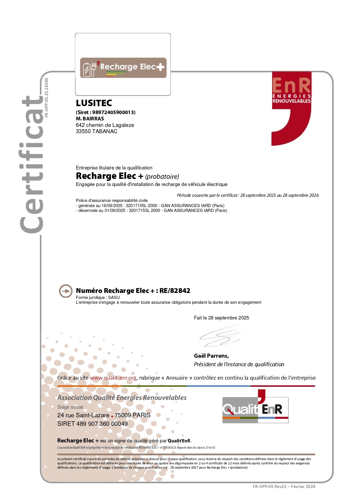 Certificat Recharge Elec+ Lusitec